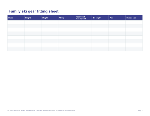 Preview of the first page of Family fitting sheet (PDF/DOCX/XLSX)