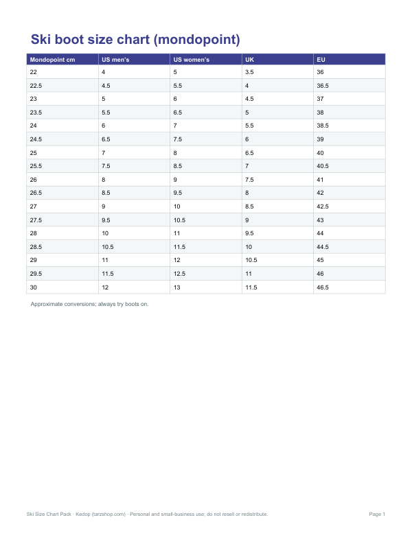 Preview of Printable Ski Boot Size Chart