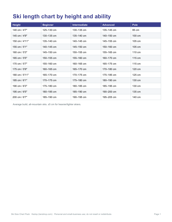 Preview of Printable Ski Length Chart